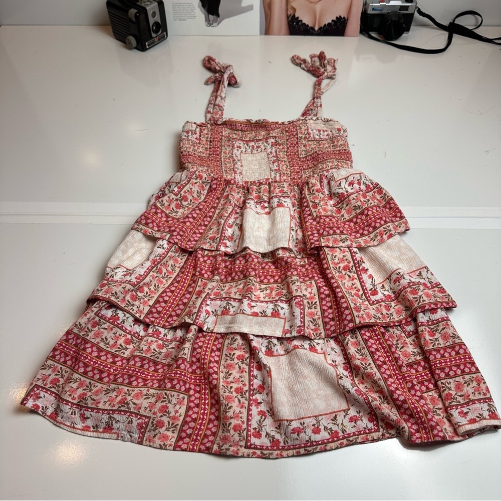 American Eagle Patchwork Tiered Sundress | Y2K Boho Cottagecore Pink Cream - Picture 3 of 11